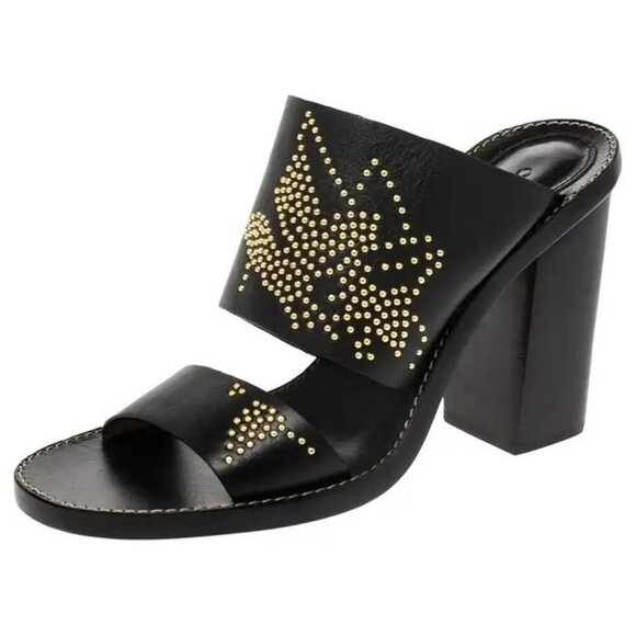 Chloe Black Leather Studded Block Heel Sandals With Gold Embellishments Sz 38.5 - Picture 1 of 13
